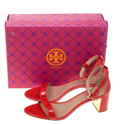 Pre Owned Tory Burch Red Patent Leather Cecile Block Heel Ankle Strap Sandals Size 40
