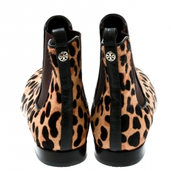 Pre Owned Tory Burch Brown Leopard Print Calf Hair Orsay Ankle Boots Size 37.5