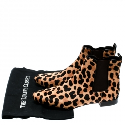 Pre Owned Tory Burch Brown Leopard Print Calf Hair Orsay Ankle Boots Size 37.5