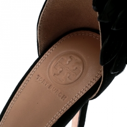 مملوكة مسبقًا Tory Burch Black Suede Jules Floral Appliquè Ankle Strap Open Toe Sandals Size 37