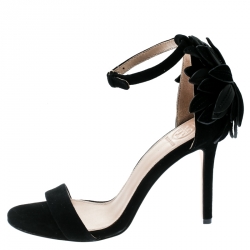 مملوكة مسبقًا Tory Burch Black Suede Jules Floral Appliquè Ankle Strap Open Toe Sandals Size 37