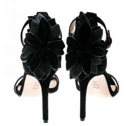 مملوكة مسبقًا Tory Burch Black Suede Jules Floral Appliquè Ankle Strap Open Toe Sandals Size 37