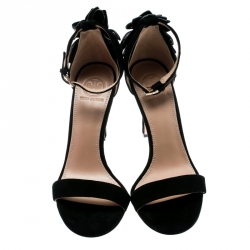 مملوكة مسبقًا Tory Burch Black Suede Jules Floral Appliquè Ankle Strap Open Toe Sandals Size 37