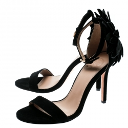 مملوكة مسبقًا Tory Burch Black Suede Jules Floral Appliquè Ankle Strap Open Toe Sandals Size 37