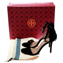 مملوكة مسبقًا Tory Burch Black Suede Jules Floral Appliquè Ankle Strap Open Toe Sandals Size 37