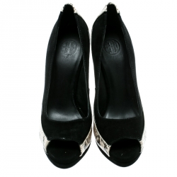 Pre Owned حذاء كعب عالي توري برش مقدمة مفتوحة كعب روكي ساندرا جلد نقش ثعبان وسويدي أسود مقاس 39