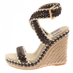 Pre Owned Tory Burch Two Tone Woven Leather Lilah Ankle Strap Espadrille Wedge Sandals Size 36.5