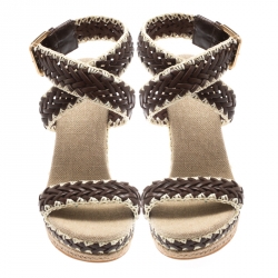 Pre Owned Tory Burch Two Tone Woven Leather Lilah Ankle Strap Espadrille Wedge Sandals Size 36.5