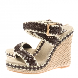 Pre Owned Tory Burch Two Tone Woven Leather Lilah Ankle Strap Espadrille Wedge Sandals Size 36.5