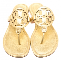 Pre Owned Tory Burch Metallic Gold Leather Miller Flat Thong Sandals Size 39.5