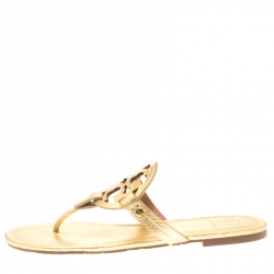Pre Owned Tory Burch Metallic Gold Leather Miller Flat Thong Sandals Size 39.5