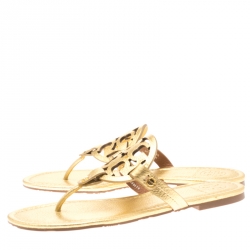 Pre Owned Tory Burch Metallic Gold Leather Miller Flat Thong Sandals Size 39.5