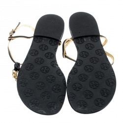 Tory Burch Black/Metallic Gold Leather Shane Link Detail Flat Thong Sandals Size 39.5
