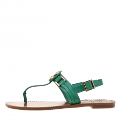 Pre Owned Tory Burch Green Leather Logo Detail Thong Backstrap Sandals Size 37.5