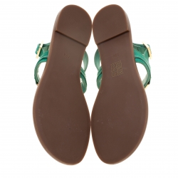 Pre Owned Tory Burch Green Leather Logo Detail Thong Backstrap Sandals Size 37.5