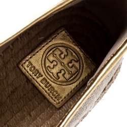Pre Owned Tory Burch Beige Linen And Metallic Leather Trim Parrot Espadrilles Flats Size 40