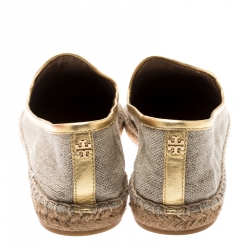 Pre Owned Tory Burch Beige Linen And Metallic Leather Trim Parrot Espadrilles Flats Size 40