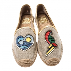 Pre Owned Tory Burch Beige Linen And Metallic Leather Trim Parrot Espadrilles Flats Size 40