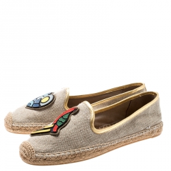 Pre Owned Tory Burch Beige Linen And Metallic Leather Trim Parrot Espadrilles Flats Size 40