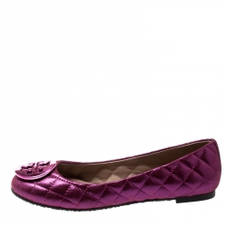 Pre Owned Tory Burch Metallic Pink Quilted Leather Reva Ballet Flats Size 36