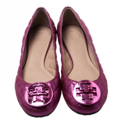 Pre Owned Tory Burch Metallic Pink Quilted Leather Reva Ballet Flats Size 36