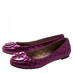 Pre Owned Tory Burch Metallic Pink Quilted Leather Reva Ballet Flats Size 36