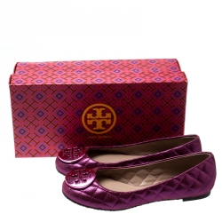 Pre Owned Tory Burch Metallic Pink Quilted Leather Reva Ballet Flats Size 36