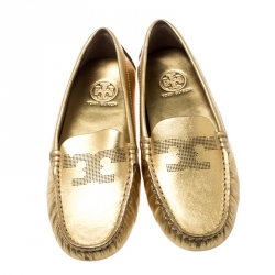 Pre Owned Tory Burch Metallic Gold Leather Maynard Loafers Size 35