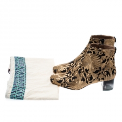 مملوكة مسبقًا Tory Burch Metallic Gold Brocade Fabric Ankle Boots Size 39