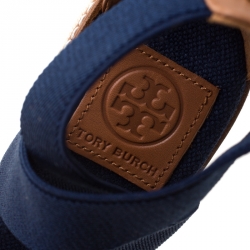 Pre Owned Tory Burch Royal Navy Stretch Fabric And Beige Leather Frieda Cross Strap Espadrille Platform Sandals Size 37.5