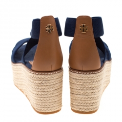Pre Owned Tory Burch Royal Navy Stretch Fabric And Beige Leather Frieda Cross Strap Espadrille Platform Sandals Size 37.5