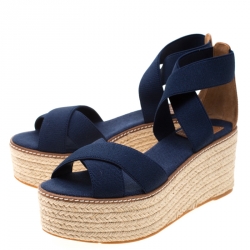Pre Owned Tory Burch Royal Navy Stretch Fabric And Beige Leather Frieda Cross Strap Espadrille Platform Sandals Size 37.5