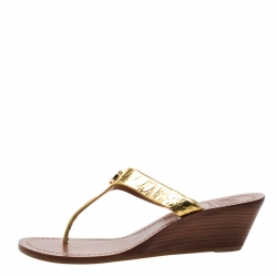 Tory Burch Metallic Gold Leather Cameron Wedge Thong Sandals
