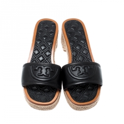 مملوكة مسبقًا Tory Burch Black Leather Fleming Espadrille Slides Size 37.5