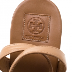 مملوكة مسبقًا Tory Burch Brown Leather Marion Espadrille Trim Quilted Wedge Sandals Size 37.5