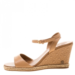مملوكة مسبقًا Tory Burch Brown Leather Marion Espadrille Trim Quilted Wedge Sandals Size 37.5