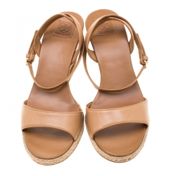 مملوكة مسبقًا Tory Burch Brown Leather Marion Espadrille Trim Quilted Wedge Sandals Size 37.5