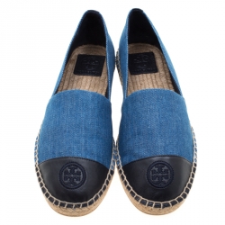 Pre Owned Tory Burch Indigo Light Wash Denim Chambray And Leather Espadrilles Size 40