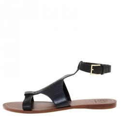 Pre Owned Tory Burch Black Leather Ankle Strap Flats Size 39.5