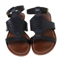 Pre Owned Tory Burch Black Leather Ankle Strap Flats Size 39.5