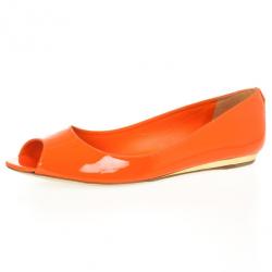 Pre Owned Tory Burch Orange Patent Cornelia Peep Toe Ballet Flats Size 40.5