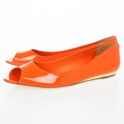 Pre Owned Tory Burch Orange Patent Cornelia Peep Toe Ballet Flats Size 40.5