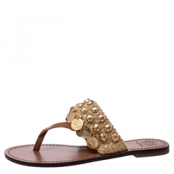 Pre Owned حذاء فلات بإصبع توري برش باتوس رافية وجلد بني مقاس 37