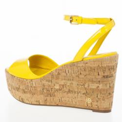 Pre Owned Tory Burch Yellow Patent Leather Dahlia Cork Wedges Size 39.5