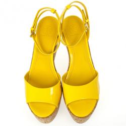 Pre Owned Tory Burch Yellow Patent Leather Dahlia Cork Wedges Size 39.5