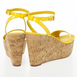Pre Owned Tory Burch Yellow Patent Leather Dahlia Cork Wedges Size 39.5