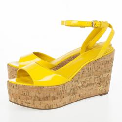 Pre Owned Tory Burch Yellow Patent Leather Dahlia Cork Wedges Size 39.5