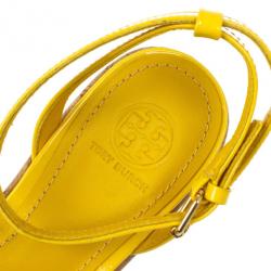 Pre Owned Tory Burch Yellow Patent Leather Dahlia Cork Wedges Size 39.5