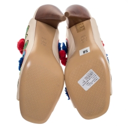 Pre Owned Tory Burch Beige Embroidered Leather Pom Pom Open Toe Mules Size 41