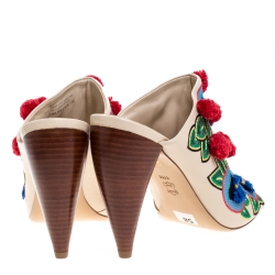 Pre Owned Tory Burch Beige Embroidered Leather Pom Pom Open Toe Mules Size 41